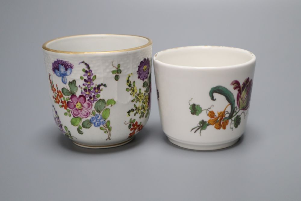 A Hochst botanical coffee cup late 18th century, and a Hochst style cup and saucer, painted with flowers, largest 6cm